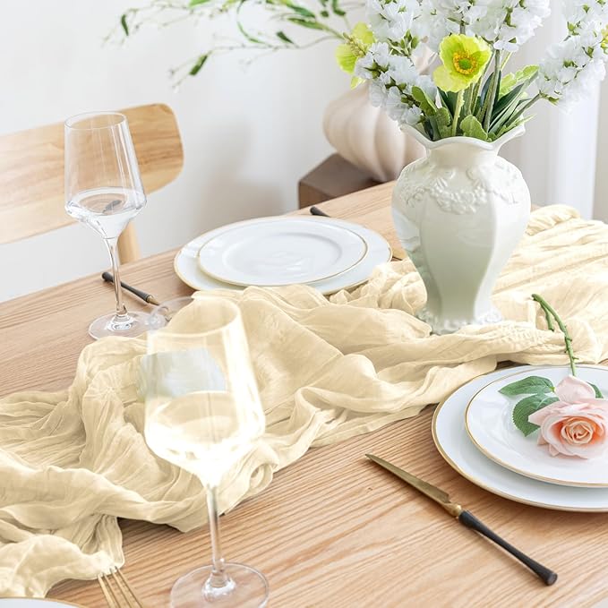 Asee'm 2pcs Cheesecloth Table Runner 120 Inches Long Beige Boho Gauze Cheese Cloth Runner 10FT Rustic Sheer Table Runners for Christmas Wedding Party Baby Shower Spring Easter Decoration