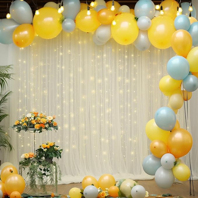 30×10ft Cream White Tulle Backdrop Curtain with Lights String for Parites, Sheer Photo Backdrop Curtains for Wedding Party Photography Background
