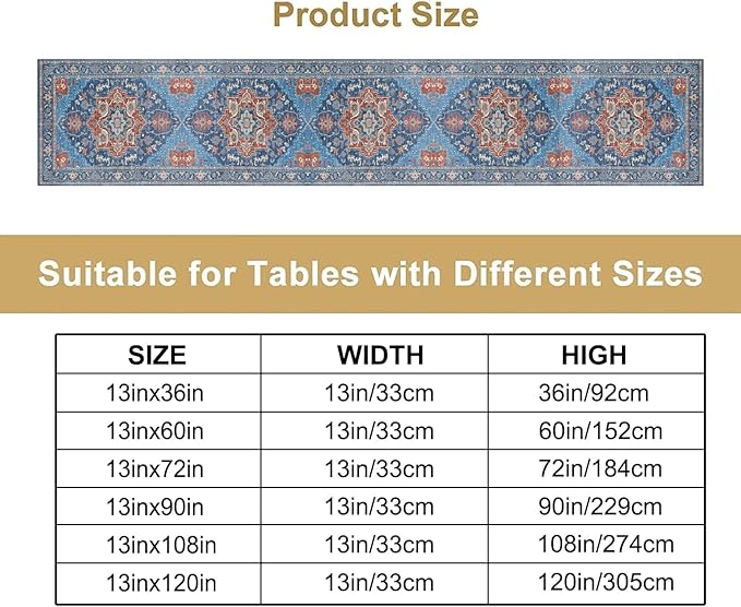 Boho Floral Vintage Table Runner, Retro Abstract Blue Flower Rustic Country Farmhouse Pattern for Home Kitchen Table Decor Dining Coffee Room Party Decor 13x36in