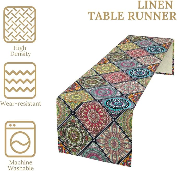 Boho Bohemian Table Runner, Vintage Indian Floral Print Table Cover for Farmhouse Kitchen Dining Table Decor Holiday Party, 13x120inch