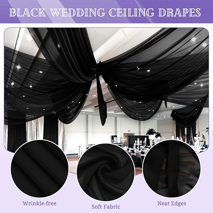 8 Panels Black Ceiling Drapes for Wedding 5ftx20ft Sheer Drapery Chiffon Fabric Arch Draping Curtains for Party Ceremony Birthday Baby Shower Reception Stage Ceiling Decorations