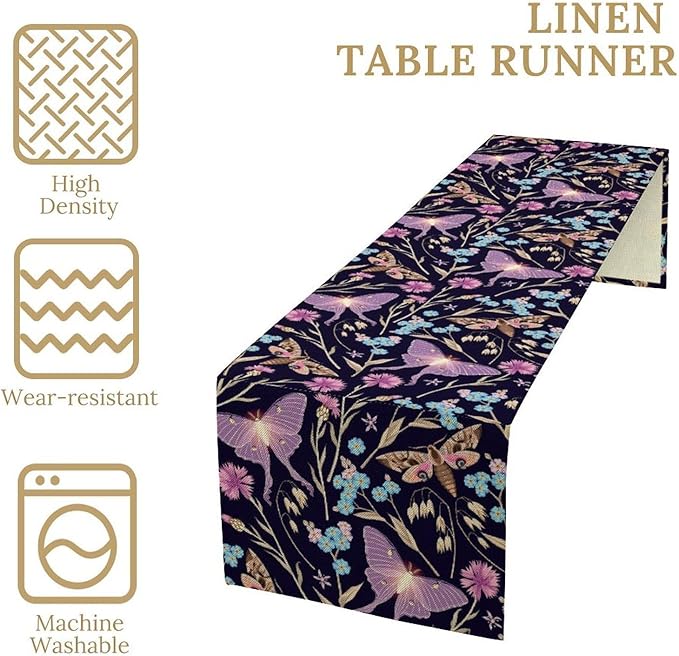 Moth Table Runner, Boho Aesthetic Moth Magic Table Runner for Home Kitchen Dining Party Indoor Outdoor Decoration 13x70 Inch