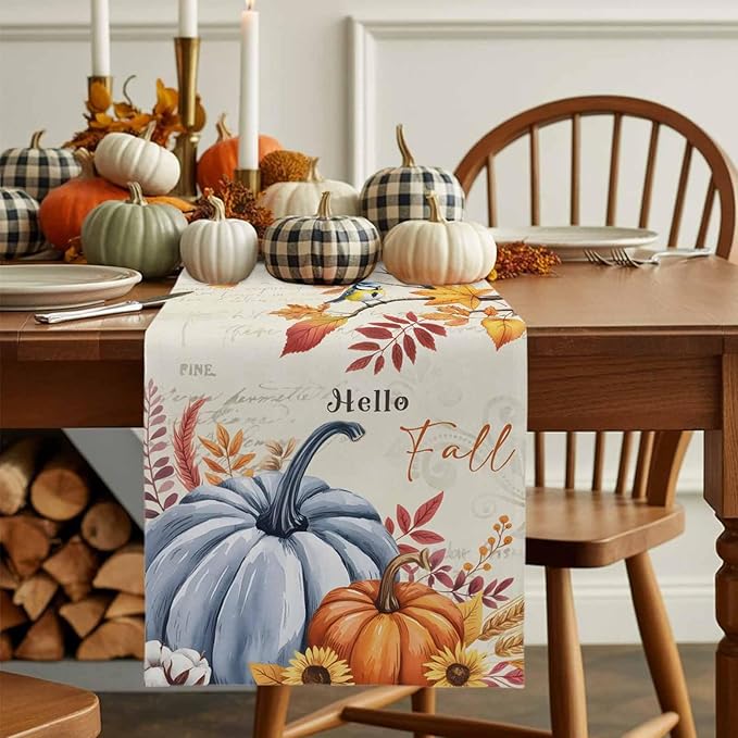 Thanksgiving Fall Cotton Linen Table Runner for Dining Kitchen, Blue Pumpkins Rustic Wedding Outdoor Party Autumn Tablerunners Decoration, Leaves Dresser Scarf Coffee Tablecloth Runners 13x72 Inches
