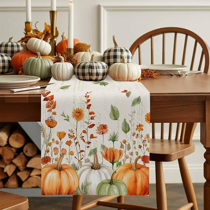 Fall Wildflowers Cotton Linen Table Runner for Dining Kitchen, Thanksgiving Pumpkin Outdoor Party Rustic Tablerunners Decoration, Botanical Floral Vintage Dresser Scarf Tablecloth Runners 13x36 Inches