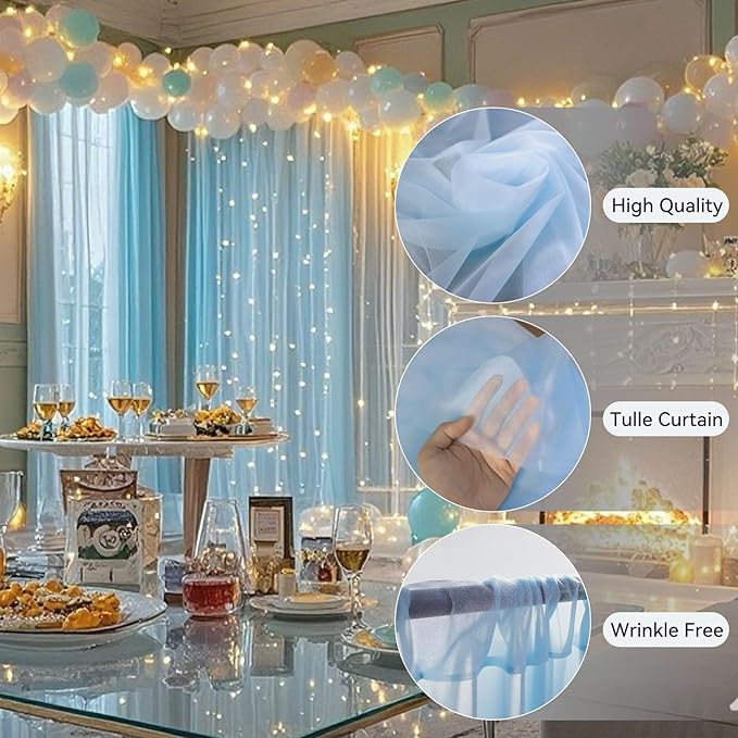 10×8ft Tulle Backdrop Curtains with Lights String - 300LED Fairy Lights Sheer Curtain Backdrop for Weddings Baby Shower and Birthday Party Decorations(8 Panels 5×8ft)