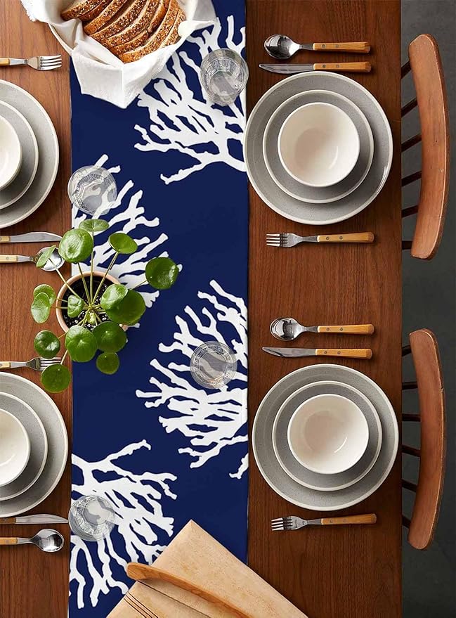 Coastal Coral Cotton Linen Table Runner for Dining Kitchen, Wedding Outdoor Party Tablerunners Decoration, Navy Blue Nautical Ocean Beach Dresser Scarf Coffee Tablecloth Runners 13x90 Inches