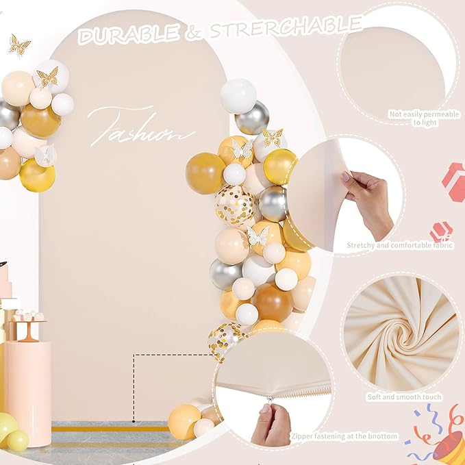 SoarDream 7.2FT Wedding Arch Cover Beige Spandex Fitted Wedding Arch Stand Covers Fitted for Round Top Chiara Arch Cover Stretchy Backdrop for Birthday Birthday Party Balloon Decor