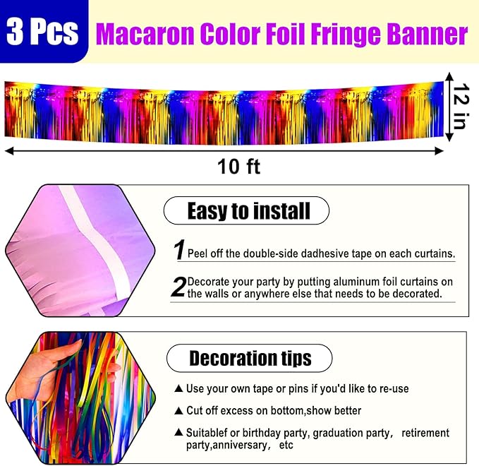 3 Pack 10 Long Rainbow Metallic Foil Fringe Garland Wall Hanging Tassle Banner, Mother's Day, Easter, Parade Floats, Birthday, Theme Party, Wedding Party Decorations