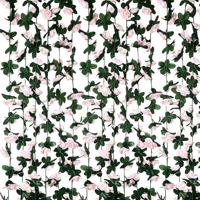 8Pcs 63Ft Light Pink Rose Garland, Fake Rose Hanging Flowers, Artificial Flower Vine, Hanging Floral Vine Garland for Wedding, Birthday Party, Wall Arch, Halloween, Christmas Garden Backdrop Decor