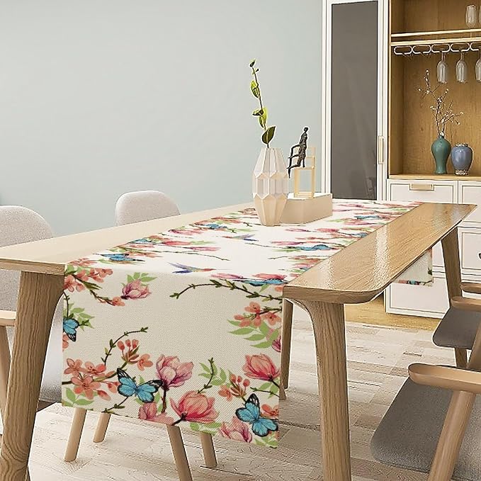 Floral Butterfly Table Runner Seasonal Spring Flower Bird Table Decoration Table Runner for Home Party Decoration 13x60 Inch