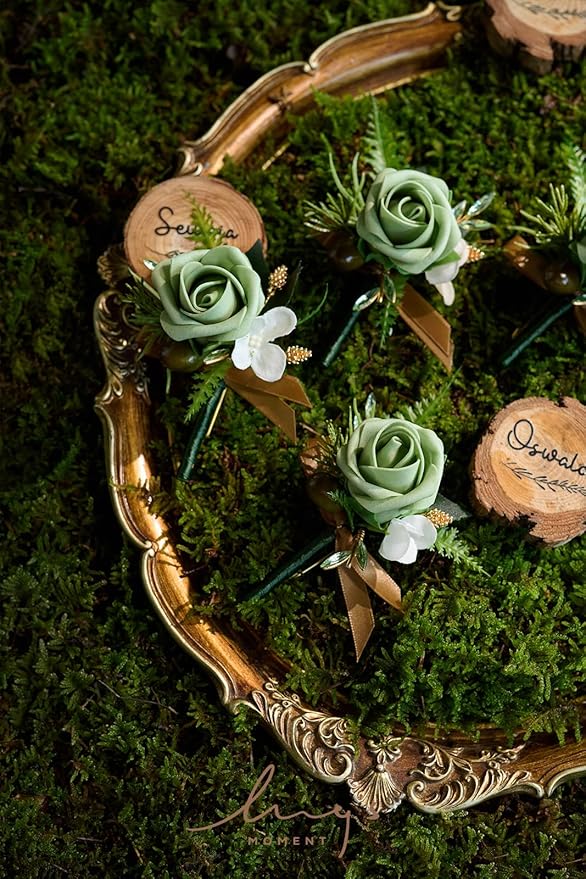 Ling's Moment Boutonniere for Men, 6pcs Groom Groomsmen Boutonniere, Artificial Flowers for Wedding Decor/Prom/Homecoming, etc.Green Beige