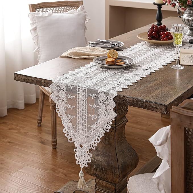 patdrea Designer Vintage White Lace Table Runner,Crochet Decorative Table Covers,Chiffon Embroidered Tasseled Table Runners, Cutwork Dresser Runners,Christmas Wedding Party Bridal 16x63 Inches Long