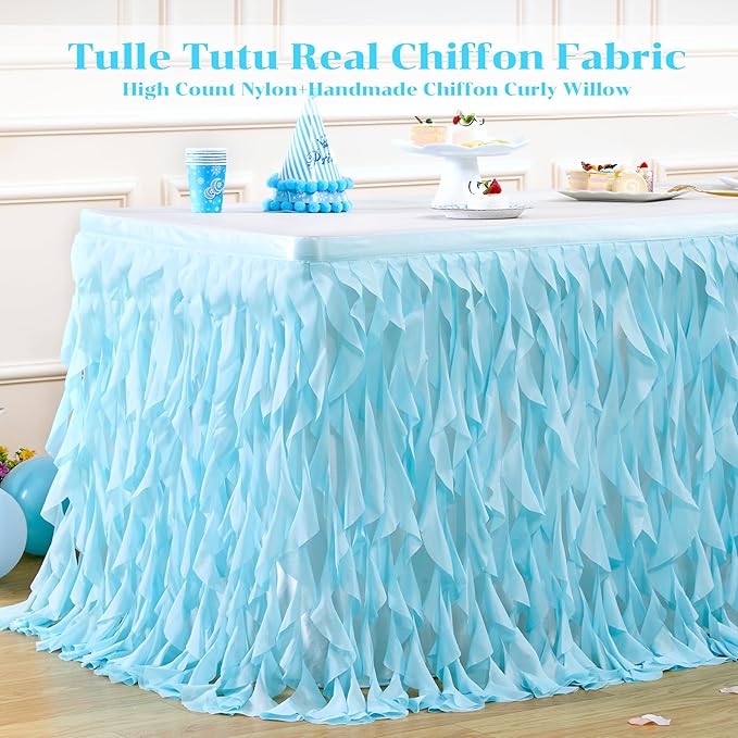 Partisky Aqua Blue Tulle Curly Willow Table Skirt for Rectangle Table 17ft, Ruffle Tutu Table Cloth for Boys Baby Shower,Birthday Party Candy Cake Tables