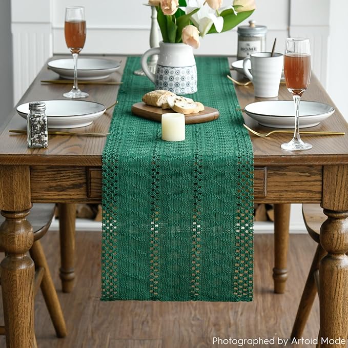 Artoid Mode Dark Green Farmhouse Woven Rustic Hollow Table Runner, Seasonal Holiday Hollow Kitchen Dining Table Decoration for Home Party Decor 12x108 Inch