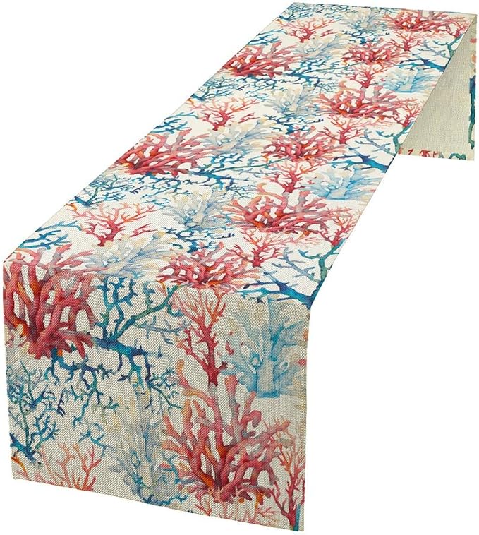 Blue Beach Table Runner, Tropical Ocean Coast Table Runner, Seashell Seasonal Nautical Restaurant Coffee Table Decorations for Home Holiday Party Indoor Outdoor 13x70 Inch