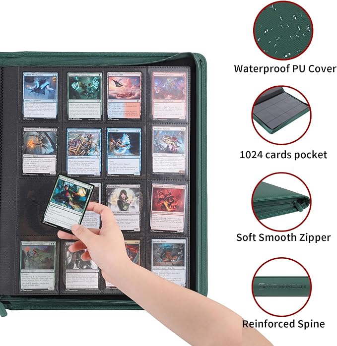 Snekdy premium 1024-pocket trading card binder, 16-pocket cards album, waterproof PU-leather Cover album with side loading, holds gaming, baseball, basketball & sports cards Green