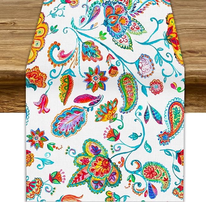 Paisley Table Runner, Watercolor Floral Oriental Indian Traditional Tulips Leaves Bohemian Paisley Print Table Runner for Kitchen Dining Tables Party Decor, 13x120inch