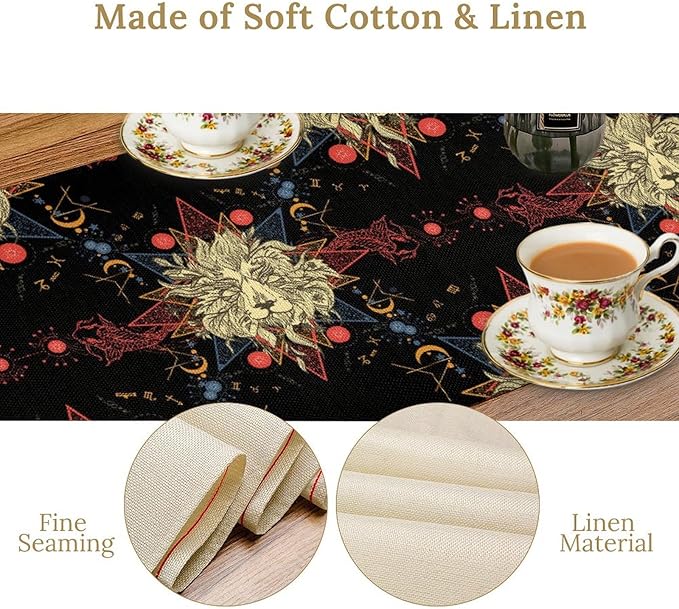 Boho Moon Lion Table Runner, Chinese Fish Phase of The Moon Sun Moon Table Runner for Kitchen Dining Table Home Party,13x90 Inch Black Red