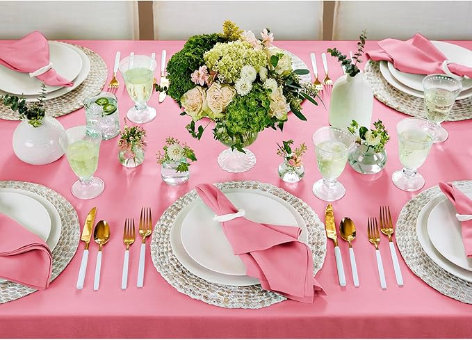 Solino Home Linen Tablecloth for Rectangle Tables 60 x 90 Inch - 100% Pure Linen Pink Carnation Table Cloth - Fete, Machine Washable Cloth Tablecloth for Halloween