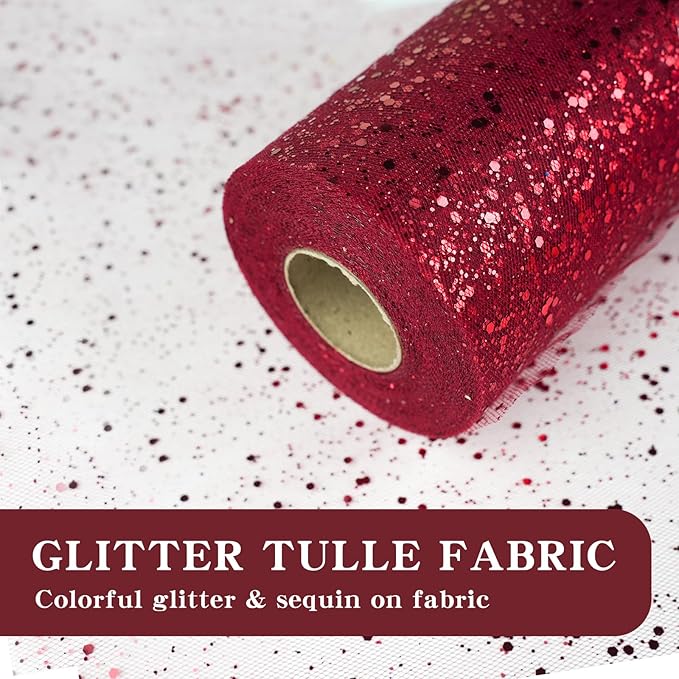 Glitter Tulle Rolls, 6” by 50 Yards (150FT) Sparkling Tulle Spool Ribbon Sequin Tulle Netting Fabric for Tutu Skirt Wedding Birthday Baby Shower (Burgundy)