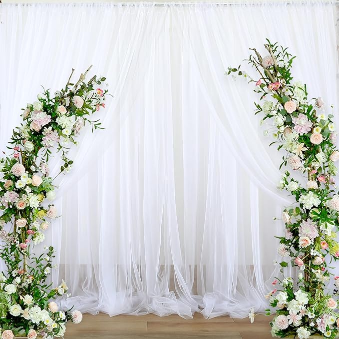 White Tulle Backdrop Curtain for Parties Wedding 10ft x 8ft Sheer Backdrop Curtains for Bridal Shower Birthday Party Baby Shower Ceiling Drapes Christmas Photo Decorations 2 Panels 5ft x 8ft