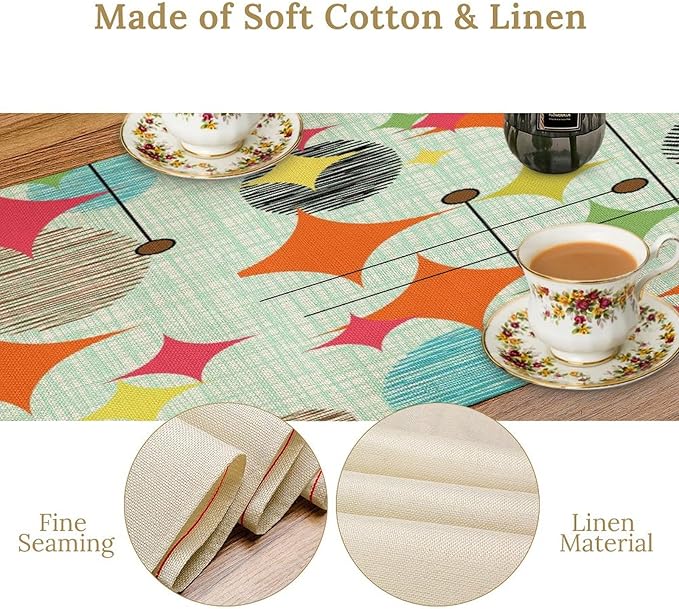 Mid Century Table Runner,Abstract Retro Modern Geometric Colorful Stripe Pattern Print Tablecloth Burlap for Hotel Indoors Outdoor Dining Room Kitchen Holiday Party, 13x70in