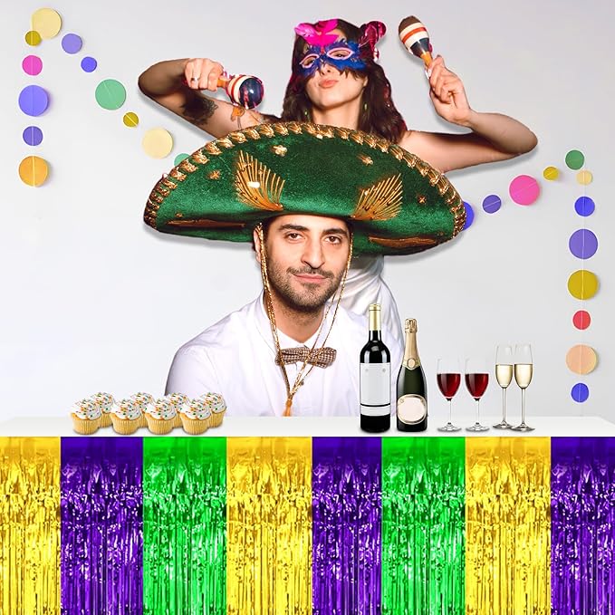 3 Pack 29x108 Inch Gold Green Purple Foil Fringe Table Skirts Metallic Banner for Tinsel Streamer Garland Backdrop for Parade Floats Wedding Thanksgiving Birthday Christmas Halloween Party Decoration