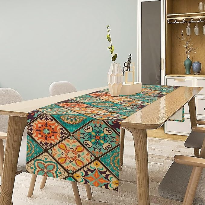 Boho Floral Table Runner,Vintage Bohemian Style Table Runner for Kitchen Dining Table Home Party Decoration 13x60 Inch