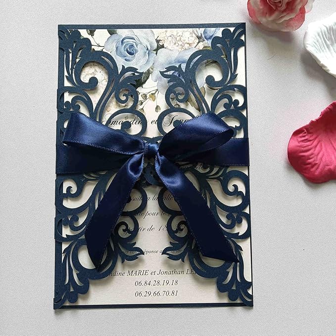 25PCS Pearl Navy Blue Laser Cut Wedding Invitations Cards with Envelopes,Blank Inner Sheets,Ribbons for Wedding Bridal Shower Quinceañera Engagement Birthday Invites