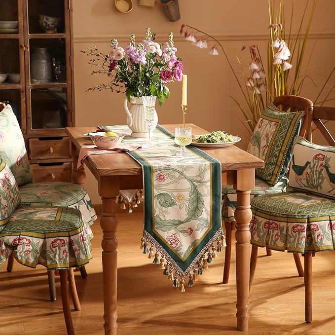 patdrea Designer Green Floral Table Runner,French Elegant Vibrant Rustic Linen with Green Leaves Patterns Fabric Table Mat,Decoration for Kitchen Dining Room Banquet Christmas,18"*87"