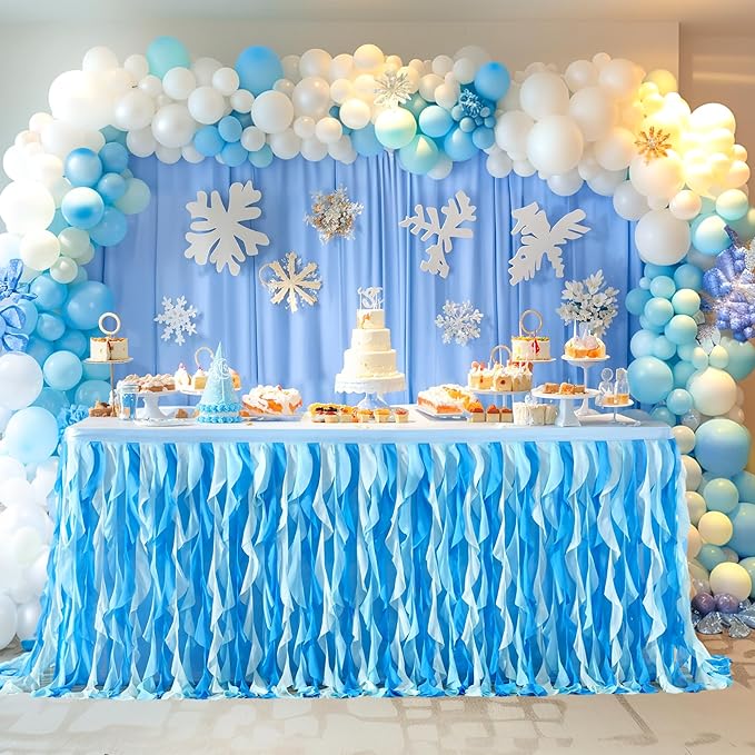 Partisky Ocean Blue Tulle Tutu Ruffle Curly Willow Table Skirt for Rectangle Table 17ft,Under The Sea Baby Shark Themed Table Cloth for Boys Girls Birthday Party or Baby Shower