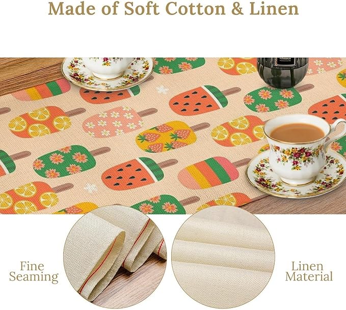 Summer Popsicles Table Runner, Colorful Cute Ice Cream Childish Seasonal Dinner Runner for Party Holiday Home Kitchen Dining Table Decor 13"x90"