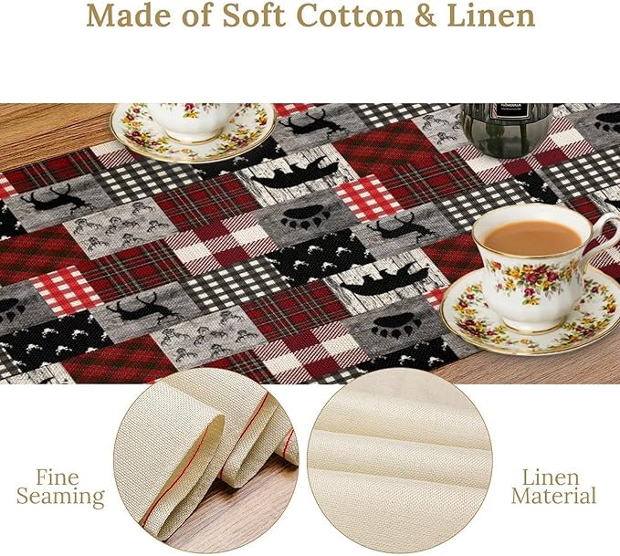 Rustic Farm Table Runner,Vintage Woodland Deer Bear Animal Buffalo Plaid Print Tablecloth Burlap for Hotel Indoors Outdoor Dining Room Kitchen Home Decor,W13X L60 in