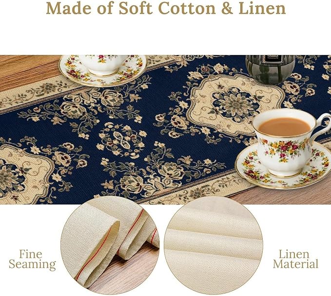 Vintage Elegant Farmhouse Table Runner Blue Beige Flower for Home Farmhouse Kitchen Table Dining Coffee Room Garden Party Wedding Decor 13x60in