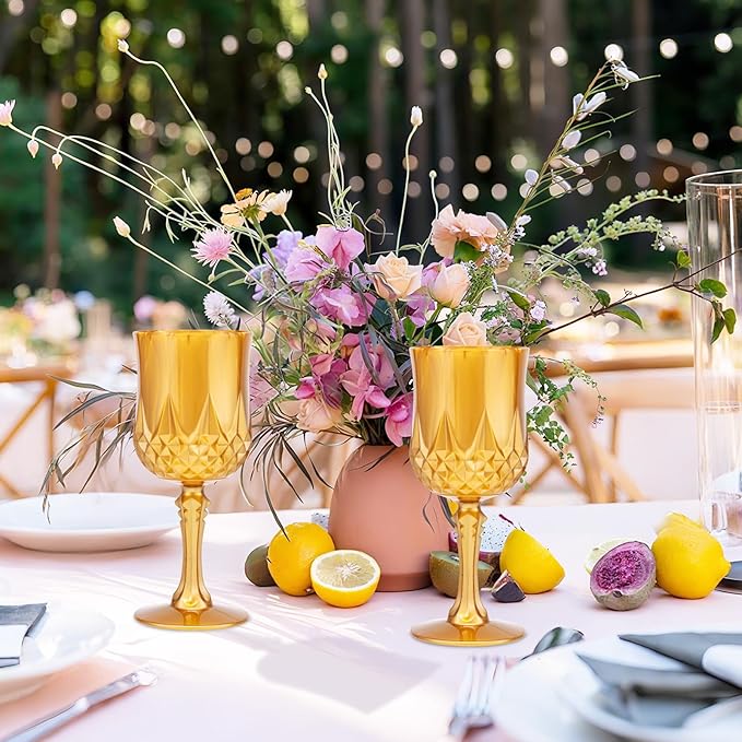 JLYLOL Plastic Vintage Wine Glasses 7OZ Plastic Goblets Vintage Drinking Glasses 48PCS Retro Wedding Glassware Water Goblets Reusable Drinking Cups for Party,Reception,Celebration,Bar,Whiskey(Amber)