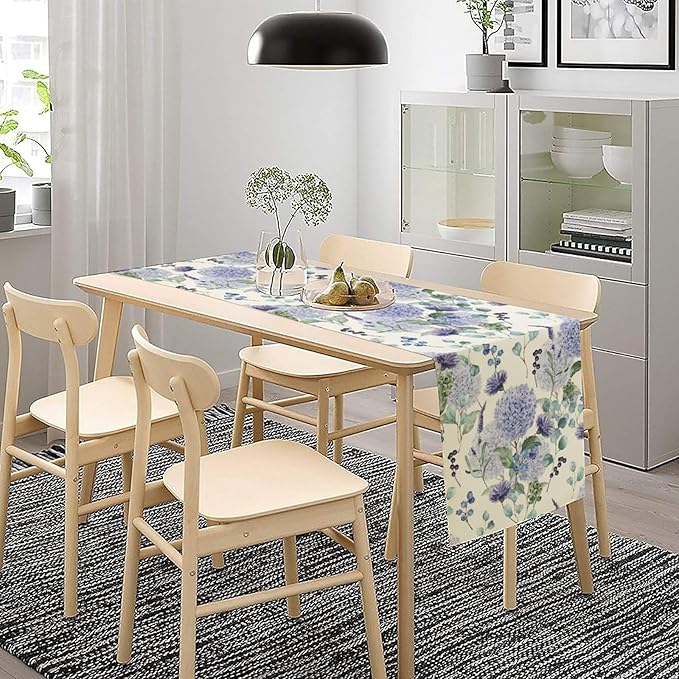 Spring Hydrangea Flower Table Runner, Seasonal Summer Plants Watercolor Eucalyptus Leaves Purple Florals Dinner Runner for Home Kitchen Dining Table Party Holiday Decoration 13"x90"