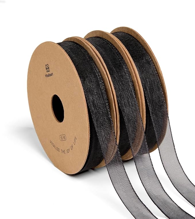 Vitalizart 3/8" x 30Yd Organza Ribbon Black Sheer Ribbons Set 10 Yd x 3 Rolls Handmade Eco-Friendly for Gift Wrapping Christmas Tree Crafts Bows Wedding Invitations Wreaths Wrap