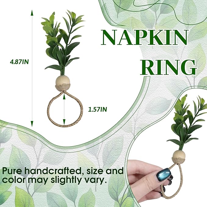MAOANME Napkin Rings Set of 12, Rustic Eucalyptus Napkin Holder Rings with Wood Bead, Farmhouse Green Leaf Napkin Ring Bulk, Boho Napkin Ring for Wedding, Table Decor