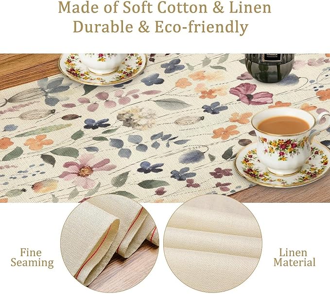 Watercolor Floral Table Runner, Vintage Colorful Floral Natural Style Pattern Decorative Home Restaurant Kitchen Rectangle Table Runner,13in（33cm） W * 120in（305cm） L