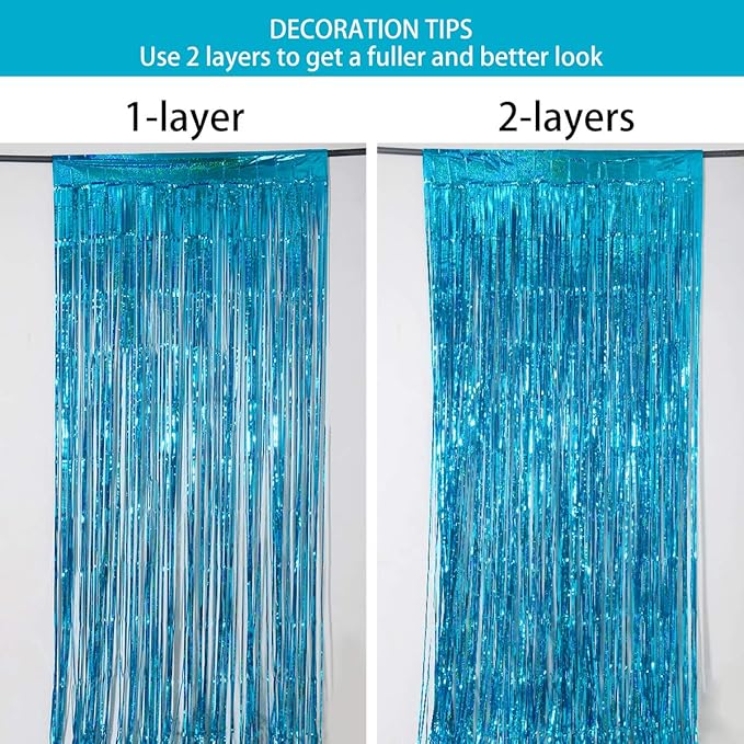 Foil Fringe Curtains Party Decorations - Melsan 3 Pack 3.2 x 8.2 ft Tinsel Curtain Party Photo Backdrop for Birthday Party Baby Shower or Graduation Decorations April fool's Day Decorations Teal