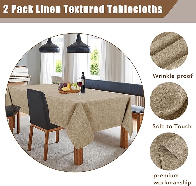 Fitable Linen Textured Tablecloths 2 Pack, Faux Burlap Rectangle Table Clothes for 8 Foot Tables, Flax Holiday Table Covers for Vendor Events, Party, Wedding, Farmhouse (Khaki, 54 x 120 Inch)
