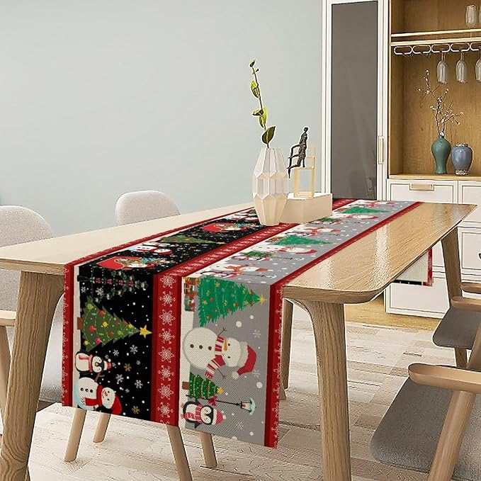 Christmas Table Runner,Cartoon Snowman Tree Xmas Deer Elk Santa Claus Print Tablecloth Burlap for Hotel Indoors Outdoor Dining Room Kitchen Home Decor,W13X L90 in