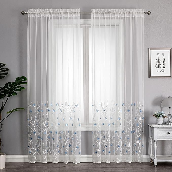 VISIONTEX White Sheer Voile Curtains, Decorative White Embossed Drip Rod Pocket Window Drapes for Home Kitchen, Living Room and Bedroom 54 x 63 Inch, Set of 2 Curtain Panels