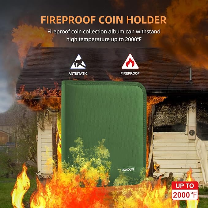 Coin Collection Book for Collector,260 Pockets Fireproof Coin Collection Holder Album,Coin Collection Organizer Storage Box Case Album for 20/25/ 27/30/ 38mm Coins,Green