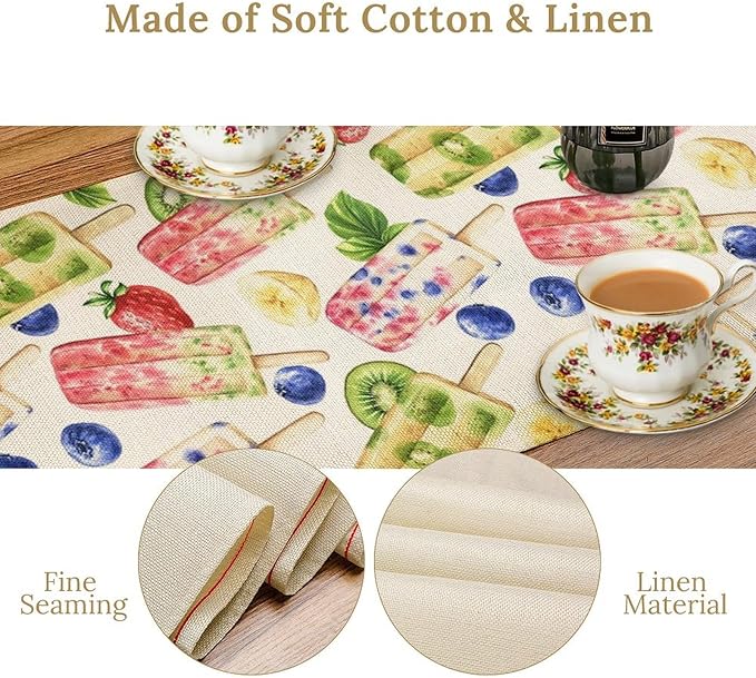 Ice Cream Table Runner, Watercolor Fruit Ice Popsicles Berry Kiwi Cold Summer Desserts Seasonal Dinner Runner for Party Holiday Home Kitchen Dining Table Decor 13"x70"