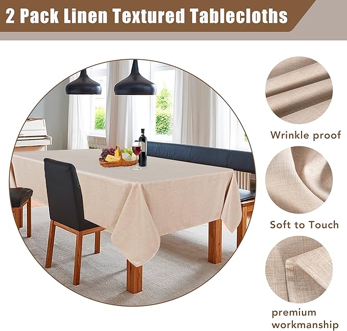 Fitable Faux Linen Beige Tablecloths 2 Pack, Faux Burlap Fabric Table Clothes for Rectangle Tables, Rustic Wrinkle-Proof Table Covers for Kitchen Dining, Party, Farmhouse, Baby Shower (54 x 78 Inch)