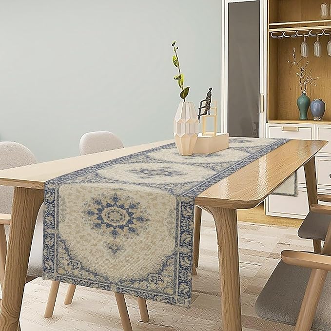 Boho Bohemia Style Table Runner, Vintage Blue Gold Retro Flower Rustic Country Style Floral Print Pattern for Home Kitchen Table Decor Dining Coffee Room Garden Party Decor 13x36in