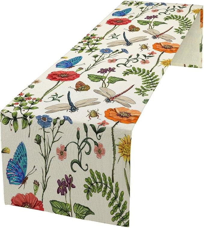 Vintage Botanical Flowers Table Runner, Seasonal Summer Plants Florals Butterfly Dinner Runner for Home Kitchen Dining Table Party Holiday Decoration 13"x60"