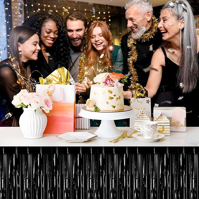 3 Pack 29 x108 Inch Black Foil Fringe Table Skirts Metallic Banner for Tinsel Streamer Garland Backdrop for Parade Floats Mother's Day, Graduate, Birthday, Wedding Party Decoration