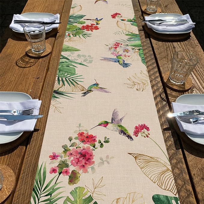 Seliem Summer Tropical Hummingbird Palm Leaf Greenery Table Runner, Spring Birds Home Kitchen Monstera Geranium Flowers Dining Decor, Seasonal Burlap Decorations Anniversary Party Supply 13 x 90 Inch